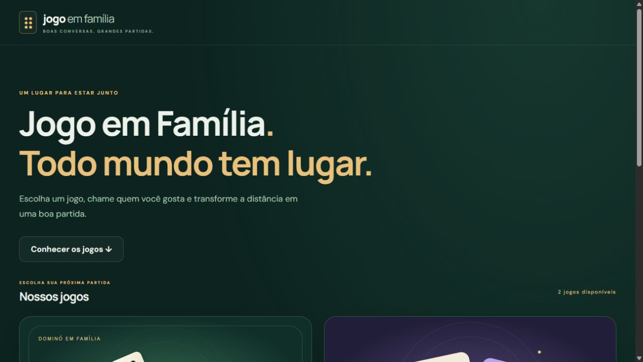 Tela real do Jogo em Família, plataforma com dominó e Impostor das Perguntas