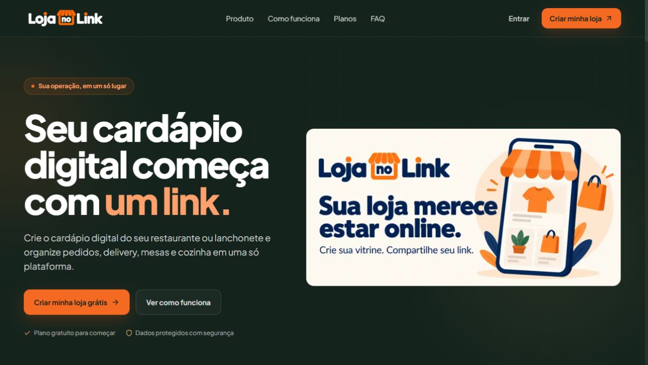Tela real do LojaNoLink com a apresentação da plataforma de cardápio digital